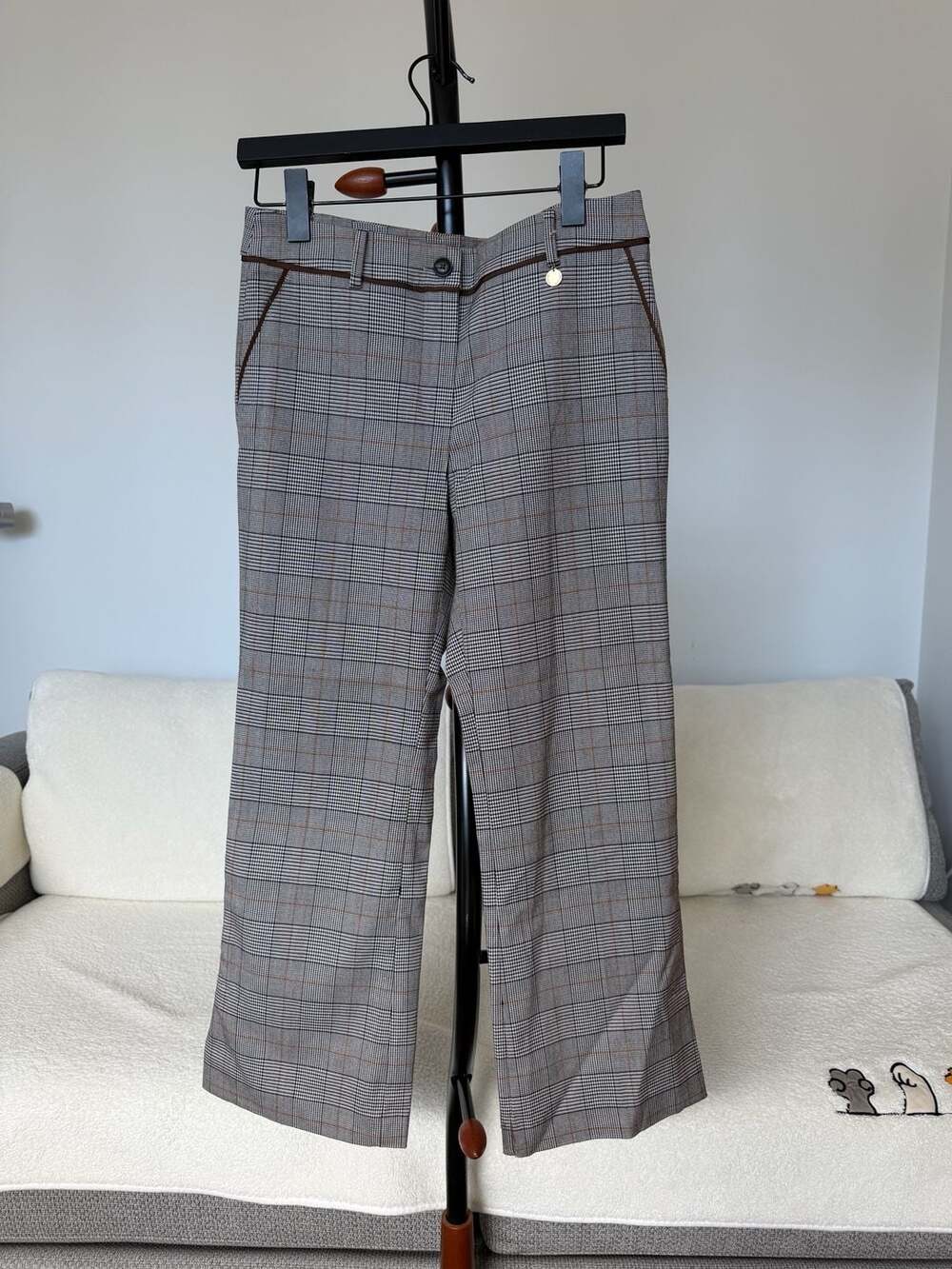 E.LAND Glen Check Plaid Wide-Leg Trousers with Brown Ribbon Detail